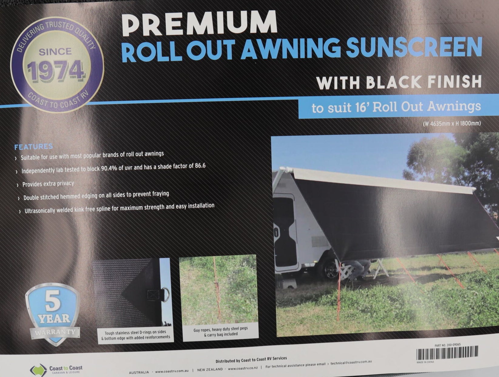 Coast V2 Black Sunscreen W4635mmxH1800mm T/S 16' CF Awning.