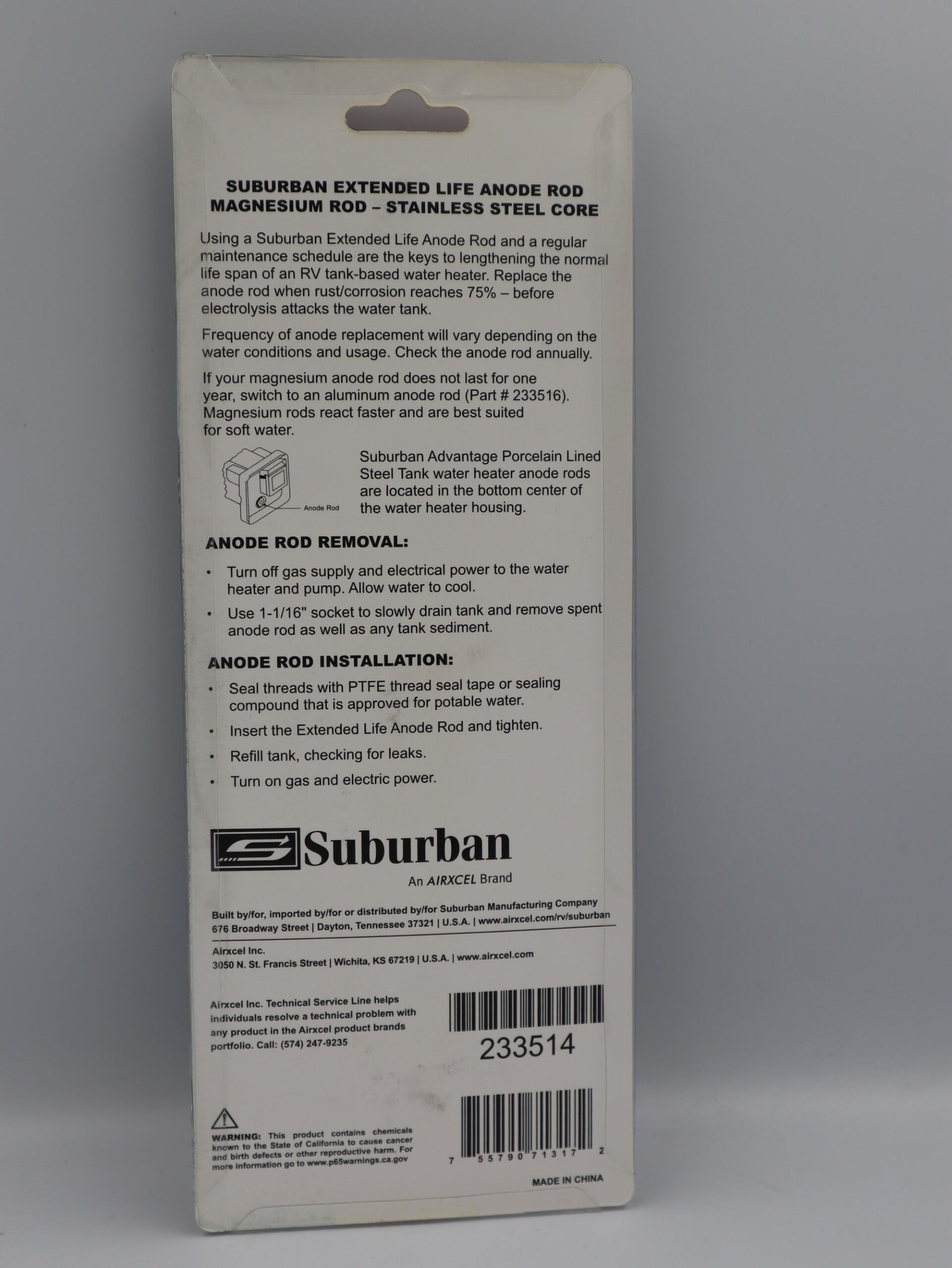 Suburban Magnesium Anode Rod for All Suburban HWS.233514/ (Old 232767)