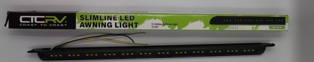 COAST RV Slimline 12V LED Awning Light | Dual Amber & White Light - Black 500mm x 23mm.
