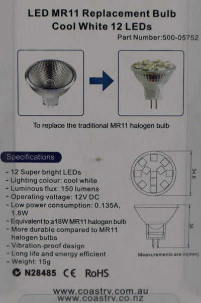 LED MR11 REPLACEMENT BULB. COOL WHITE. 12 VOLT. 0211211C