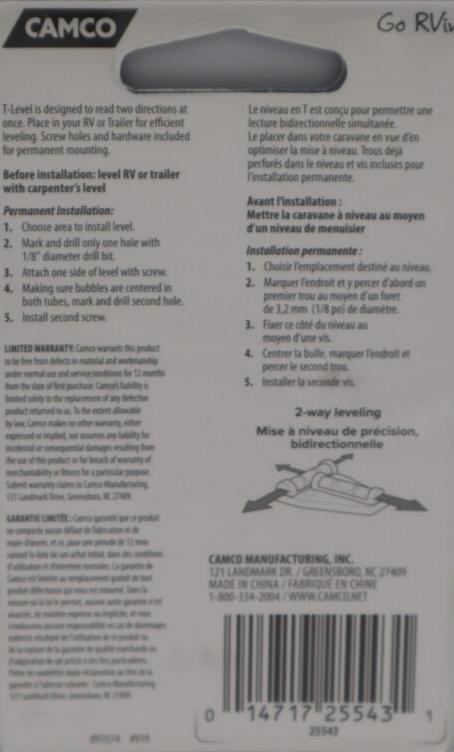 Camco Plastic 2-Way Tee Bubble Level