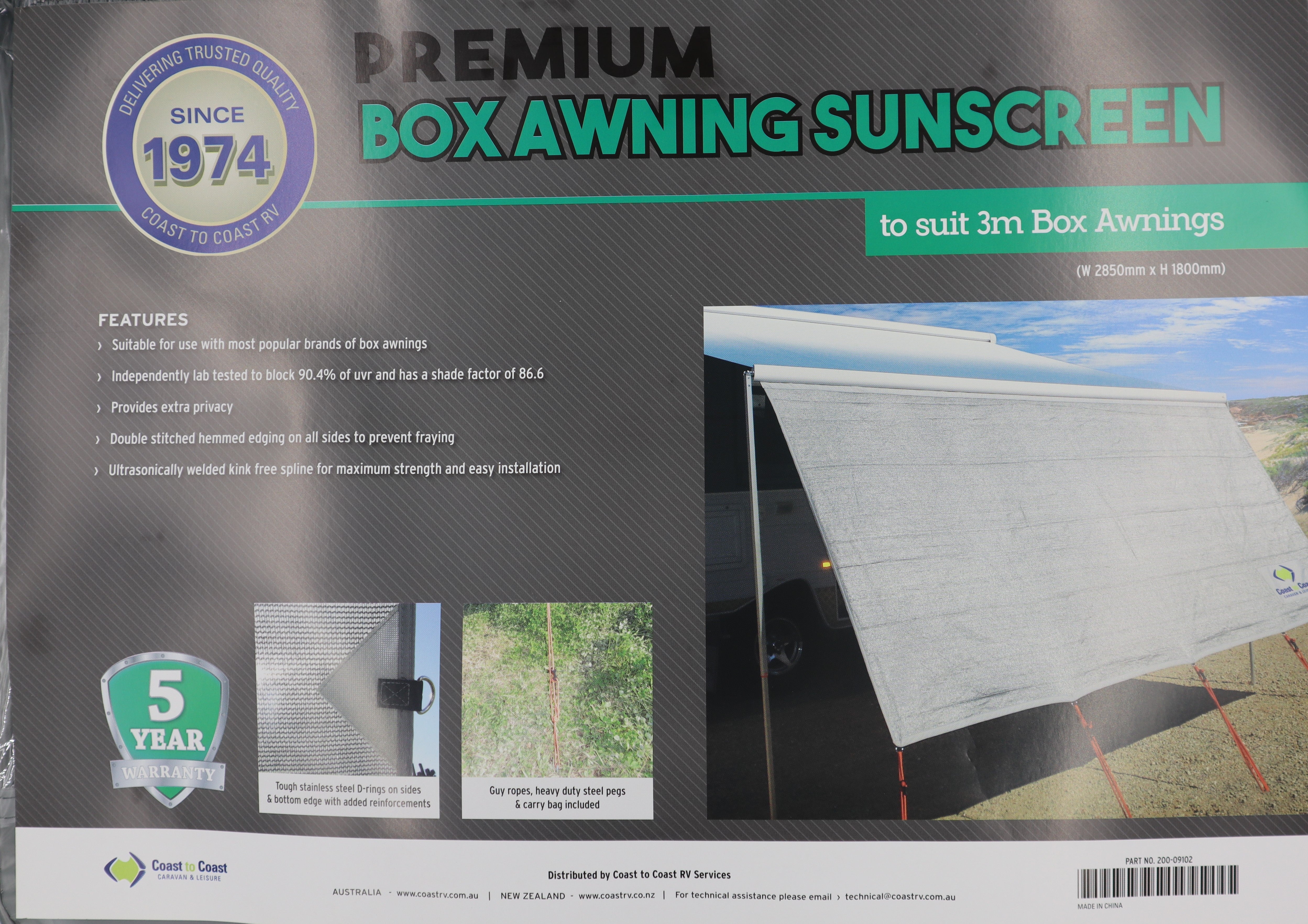 Coast V2 Sunscreen W2850mmxH1800mm T/S Fiamma/CF Box Awning.