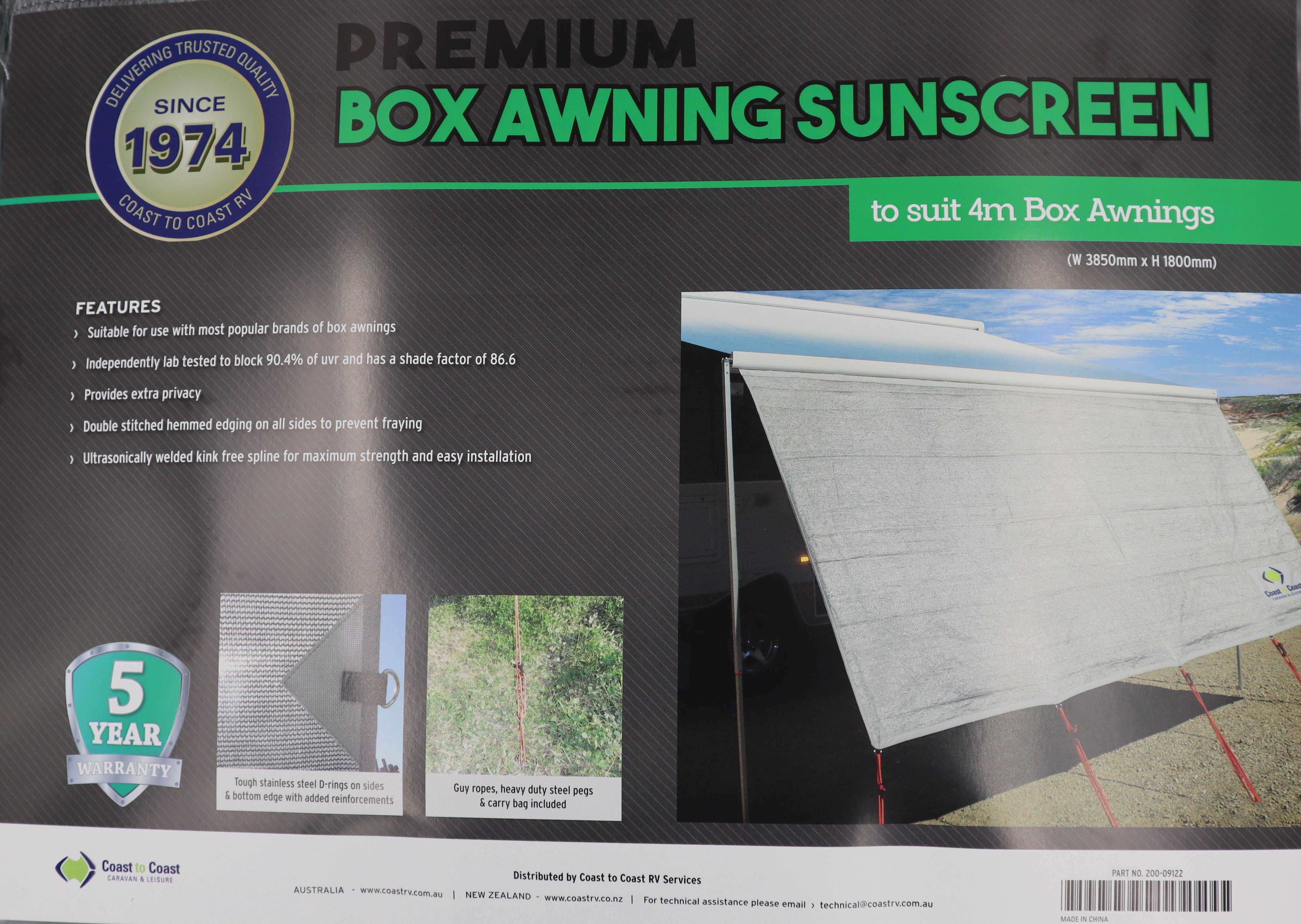 Coast V2 Sunscreen W3850mmxH1800mm T/S Fiamma/CF Box Awning.
