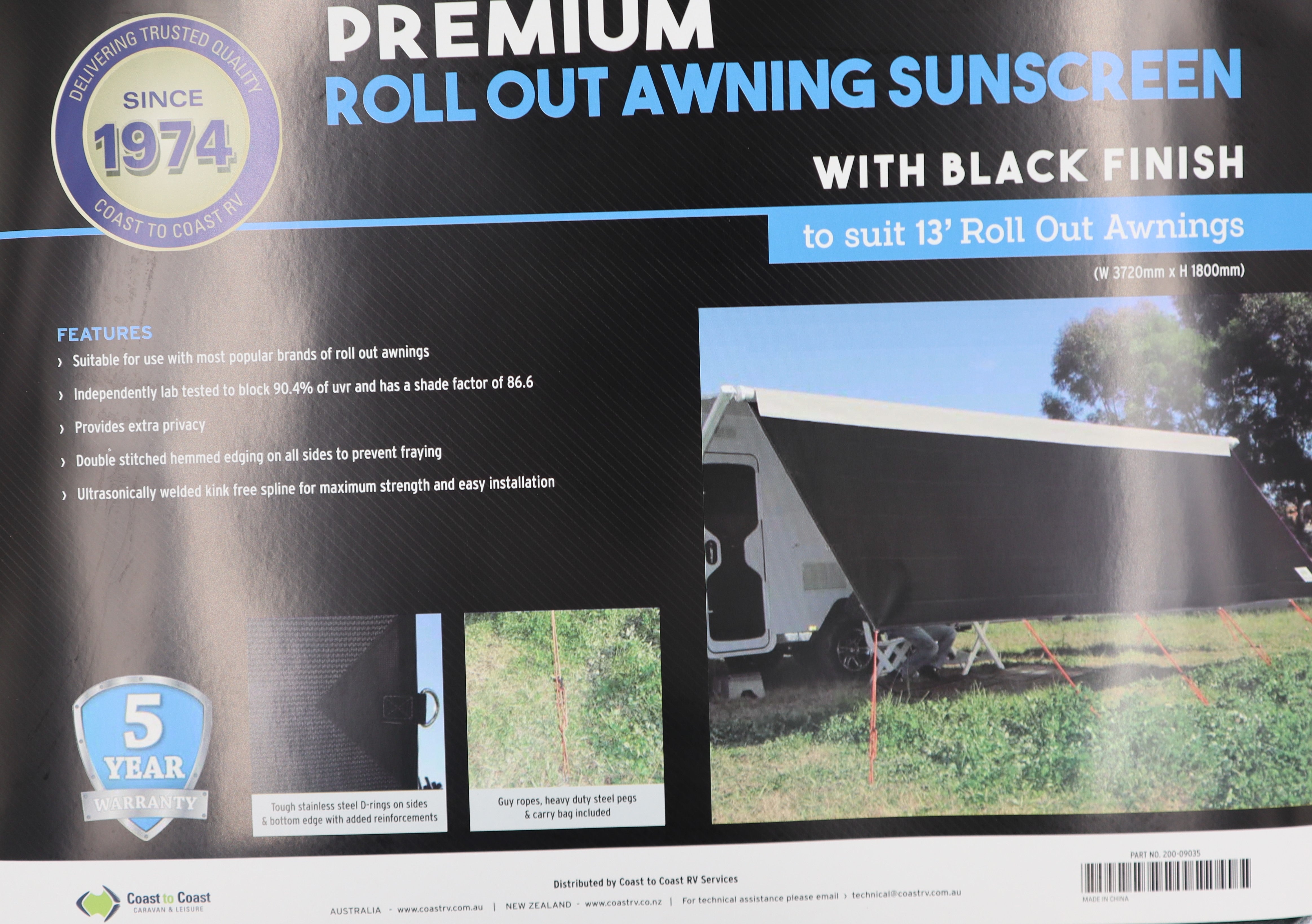Coast V2 Black Sunscreen W3720mmxH1800mm T/S 13' CF Awning.