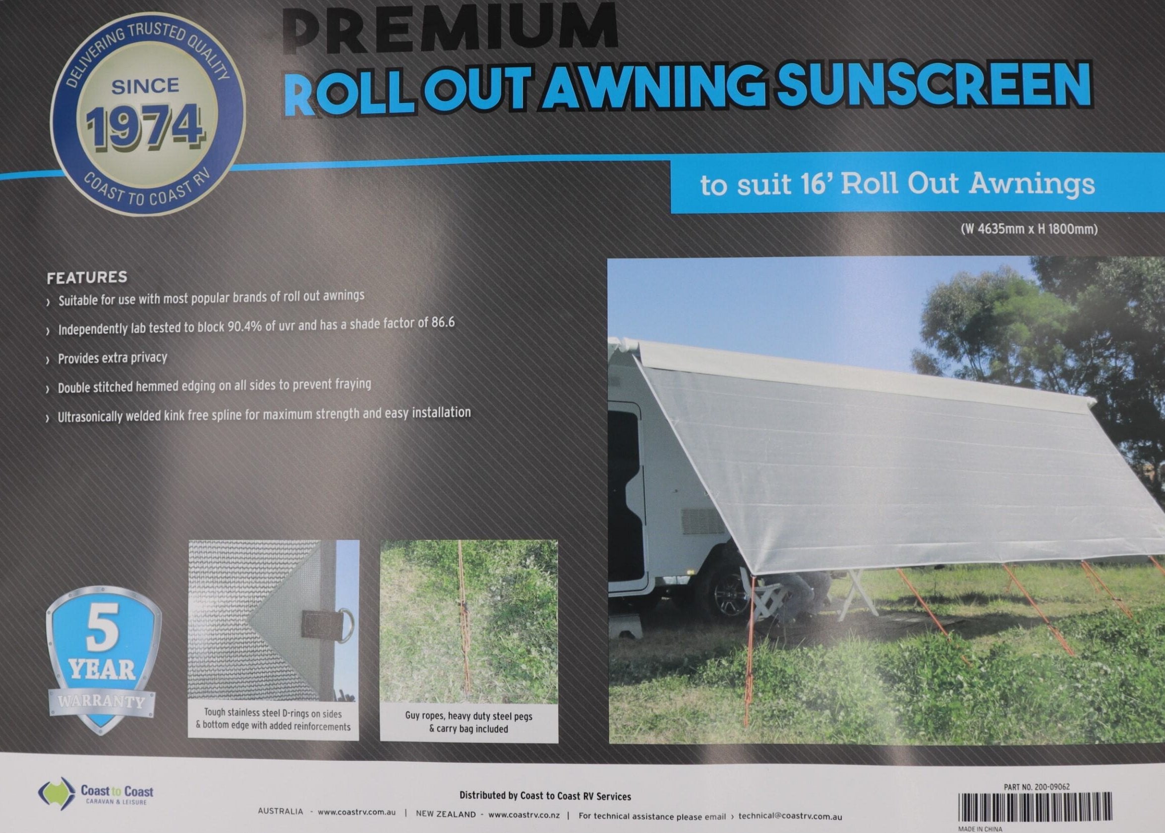 Coast V2 Sunscreen W4635mmxH1800mm T/S 16' CF Awning.